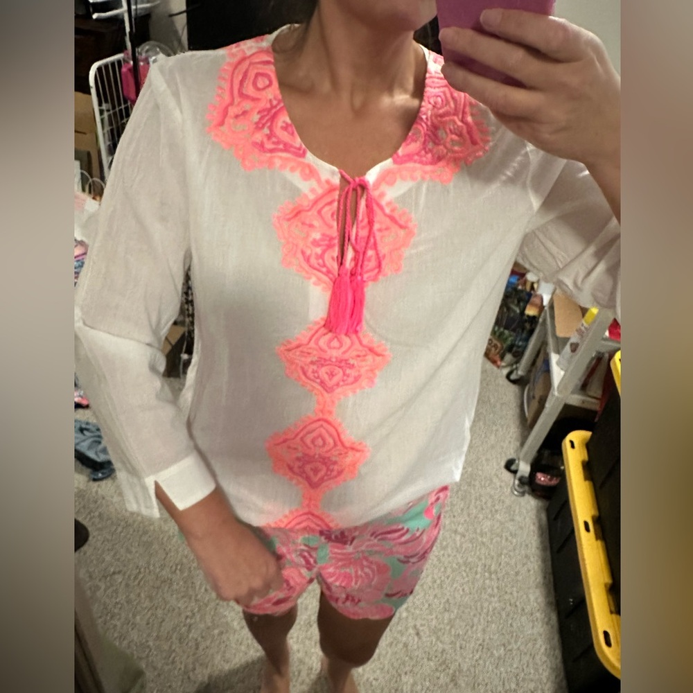 Lilly Pulitzer White Tunic Top with Neon Pink Embroidery